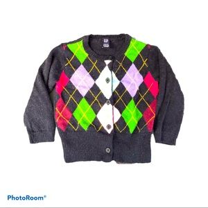 Baby Gap Grey‎ Preppy Pink Green Argyle Cardigan 12-18m